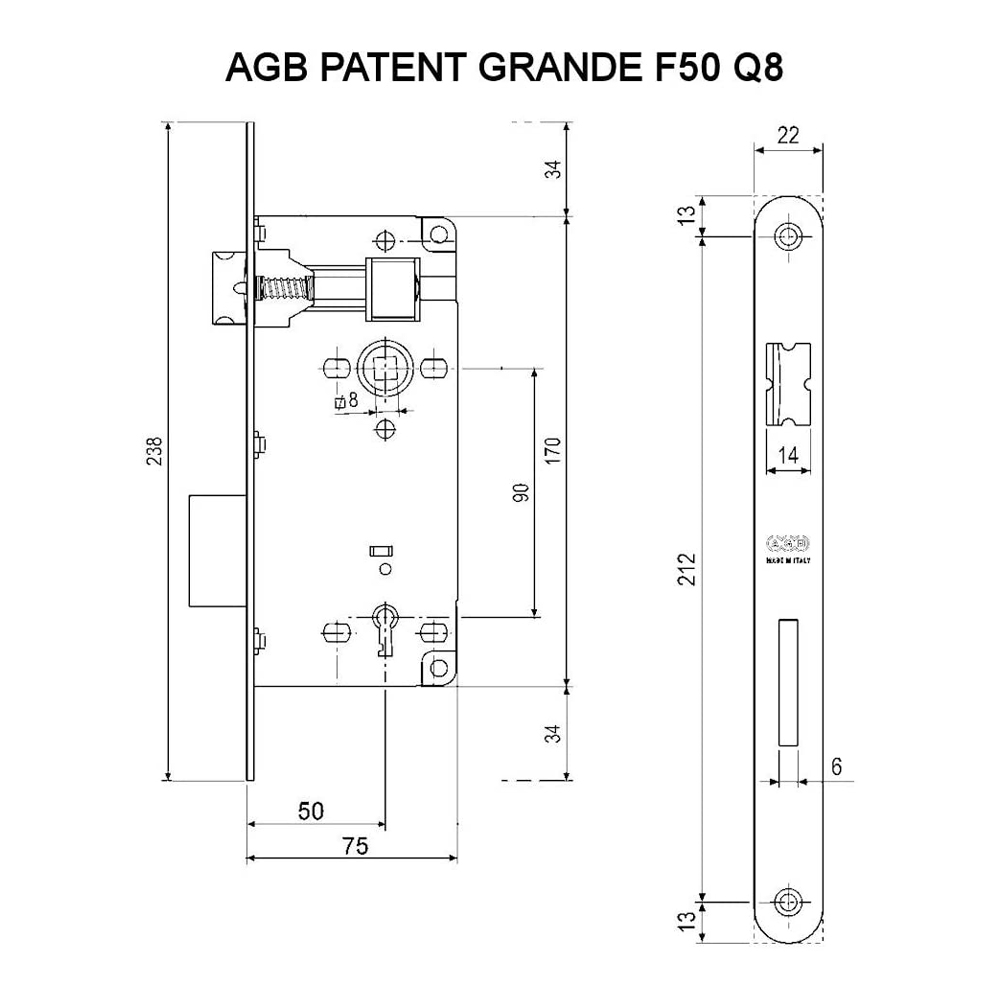 Serratura Patent Grande Cromato AGB - Foro 50 mm e Quadro 8 mm