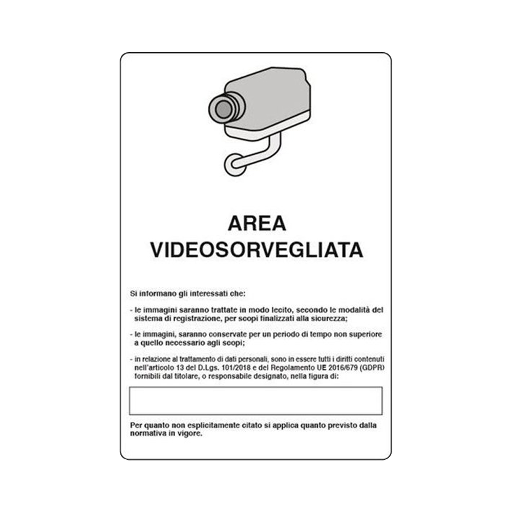 Cartello in alluminio 12x18 cm - area videosorvegliata (art. 24).