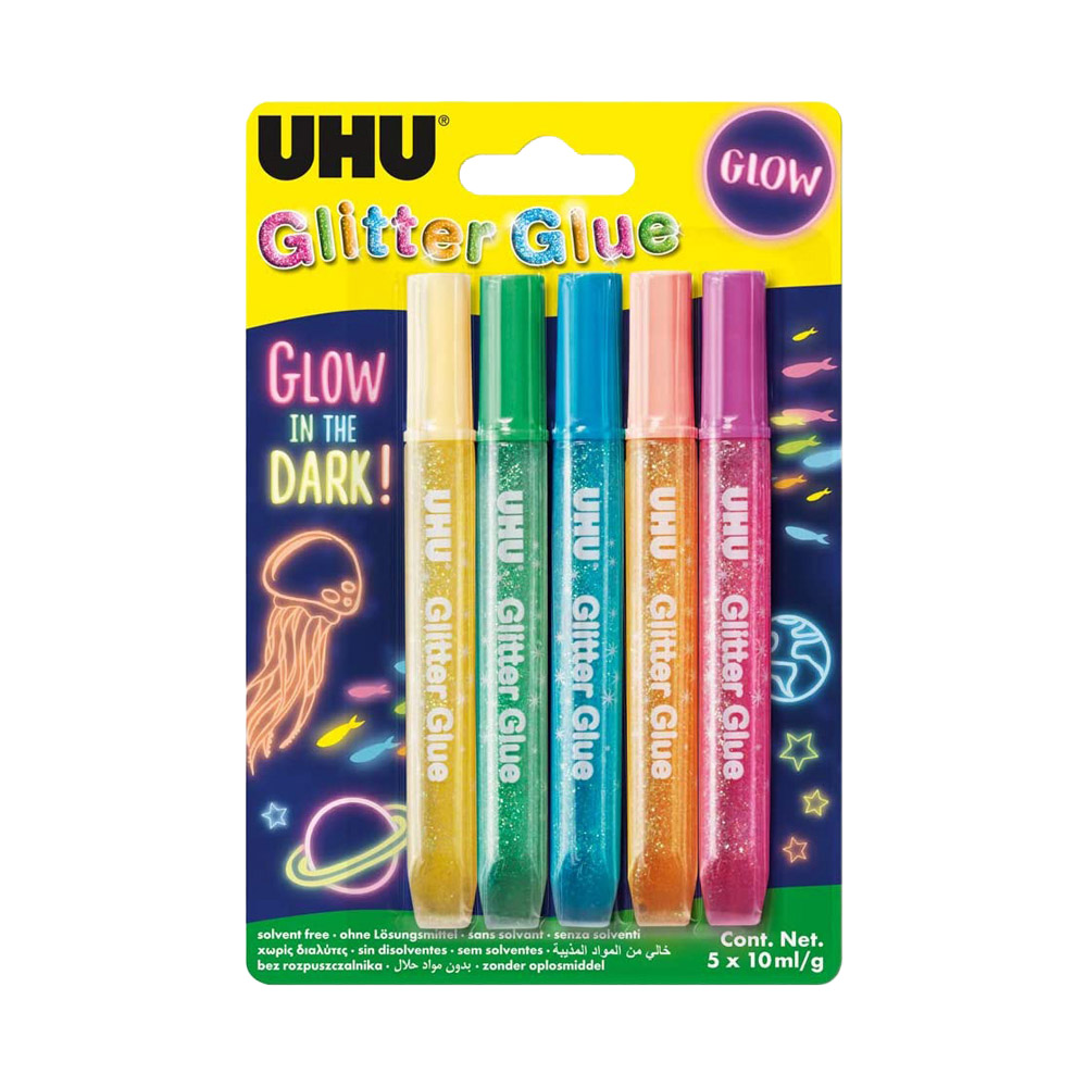 Tubetti glitterati colorati glitter glue glow in the dark uhu 5x10 ml.