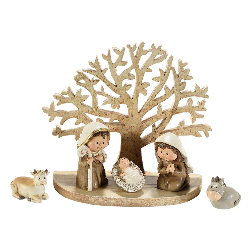 Presepe con albero della vita in resina fercolor - set da 5 statuine.