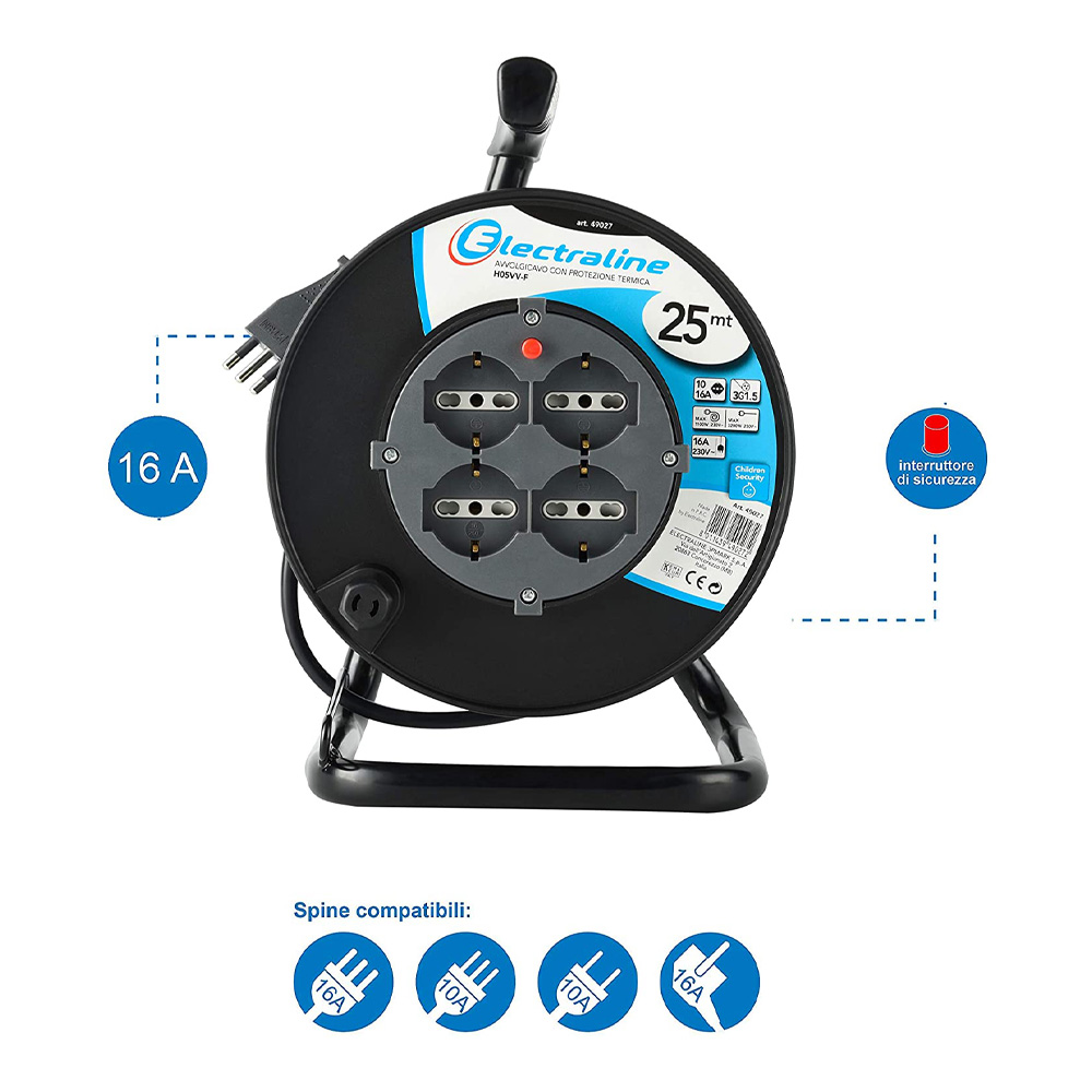 Avvolgicavo 15 mt con Supporto ELECTRALINE - Sezione 3x1.5 mmq - 4 Schuko 10/16A