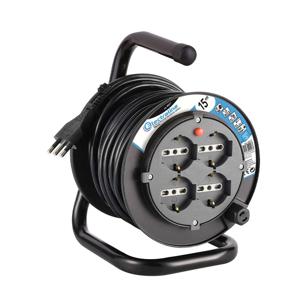 Avvolgicavo 15 mt con Supporto ELECTRALINE - Sezione 3x1.5 mmq - 4 Schuko 10/16A