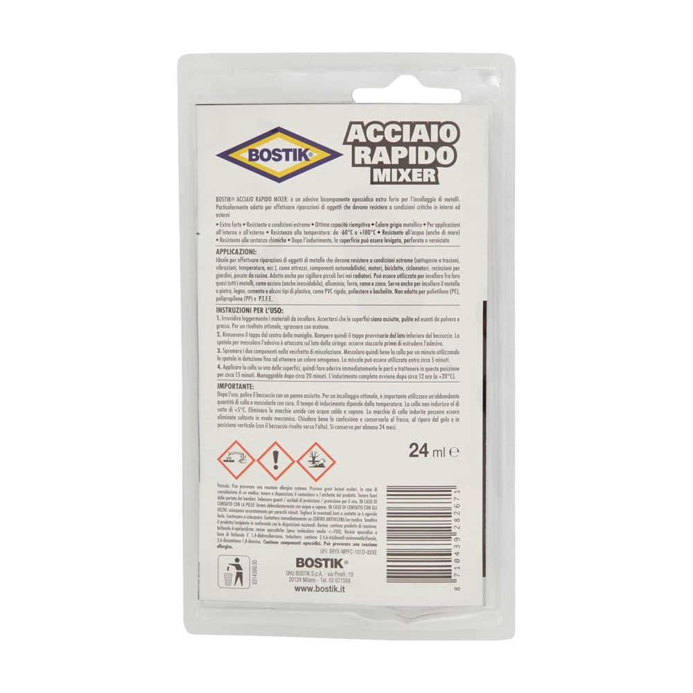 Adesivo Acciaio Rapido Mixer Siringa 24 ml BOSTIK - Colore Metallico