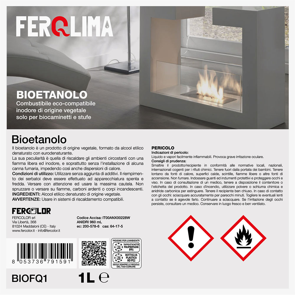x12 Bioetanolo Naturale per Stufe e Camini Inodore 1 Lt FERQLIMA - Scatola 12 pz