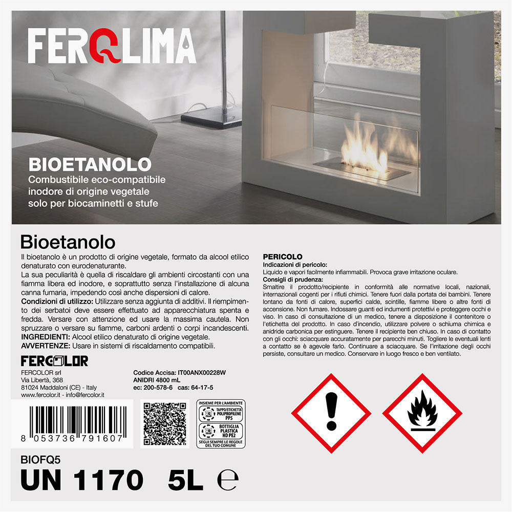 x4 Bioetanolo Naturale per Stufe e Camini Inodore 5 Lt FERQLIMA - Scatola 4 pz