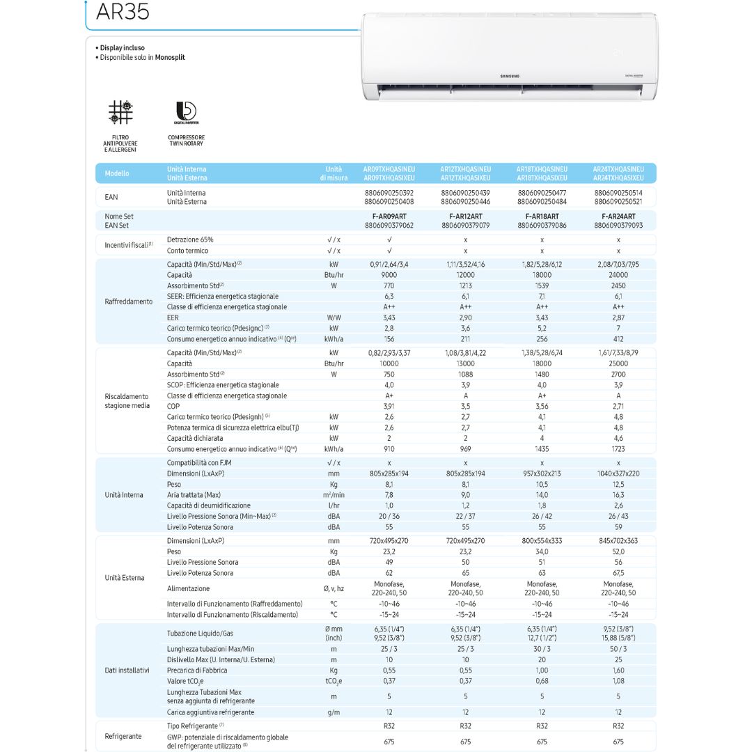 Climatizzatore Samsung AR35 WIFI VERSIONE 2026 - 18000BTU